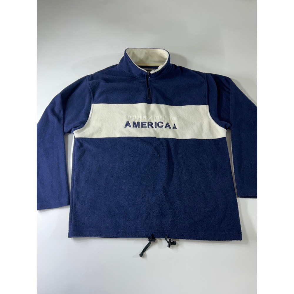 Perry Ellis America Fleece Pullover Mens Medium Navy Blue Quarter Zip Vintage